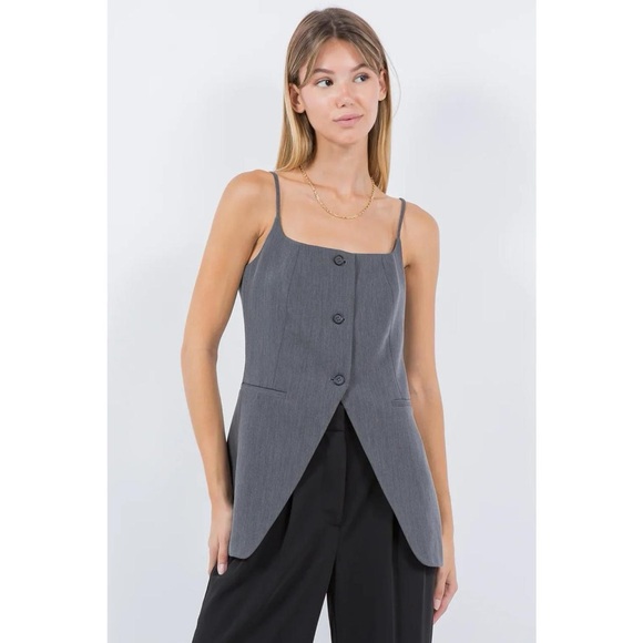 Square Neck Button Up Top - Grey - Picture 1 of 5